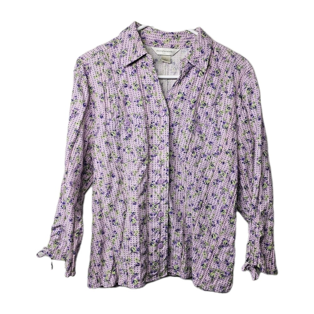 Christopher & Banks Womens Large Purple‎ Floral Button Up Shirt Top Blouse